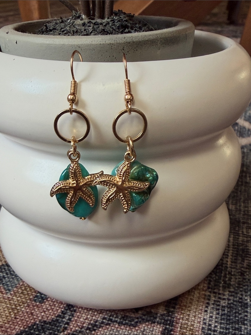 Gold Starfish Drop Earrings with Turquoise Beads - Women Jewelry